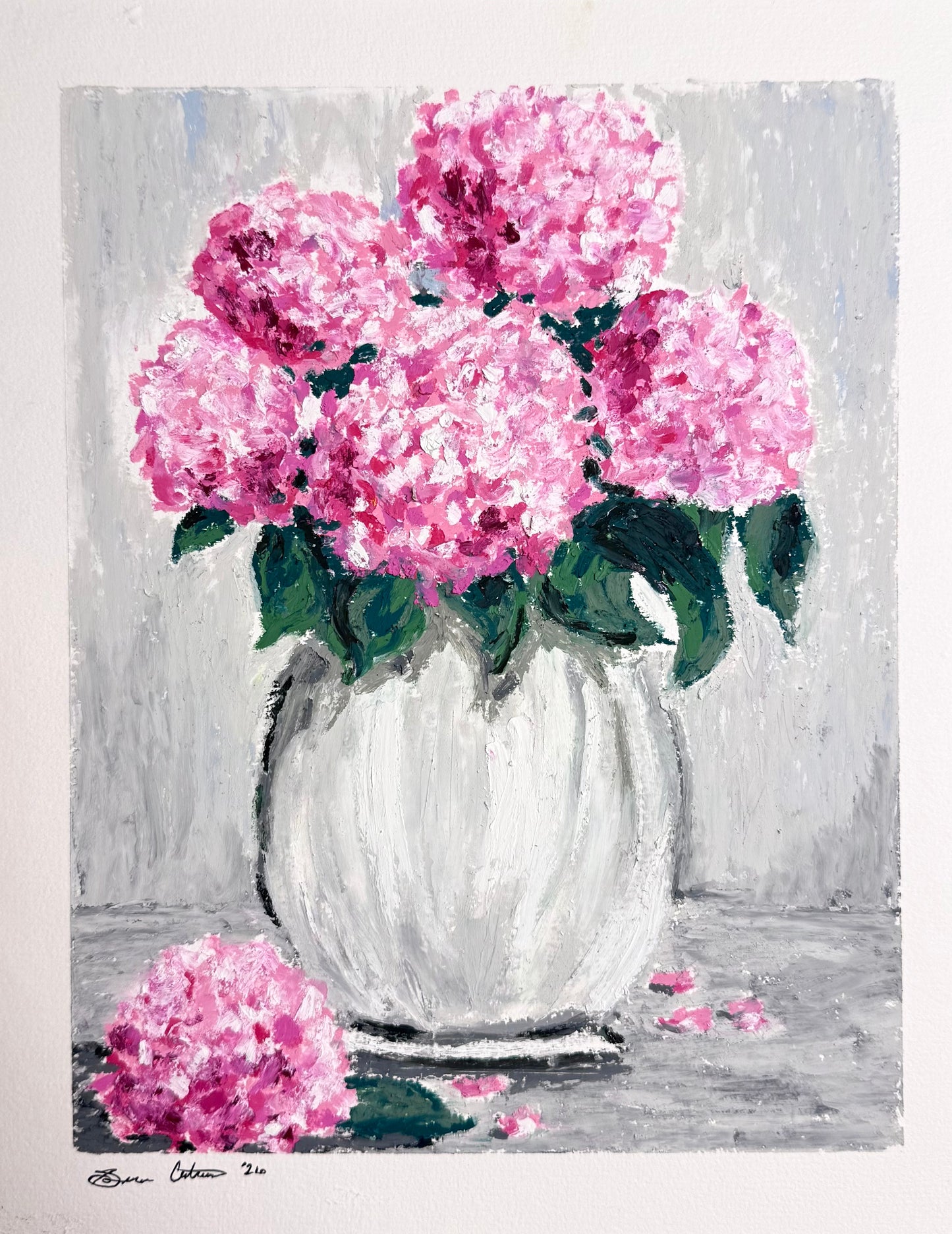 Pink Hydrangeas Oil Pastel Drawing