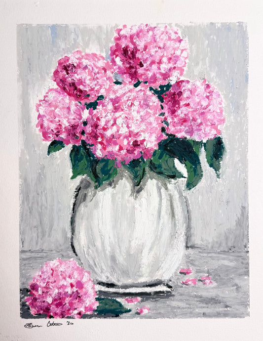 Pink Hydrangeas Oil Pastel Drawing